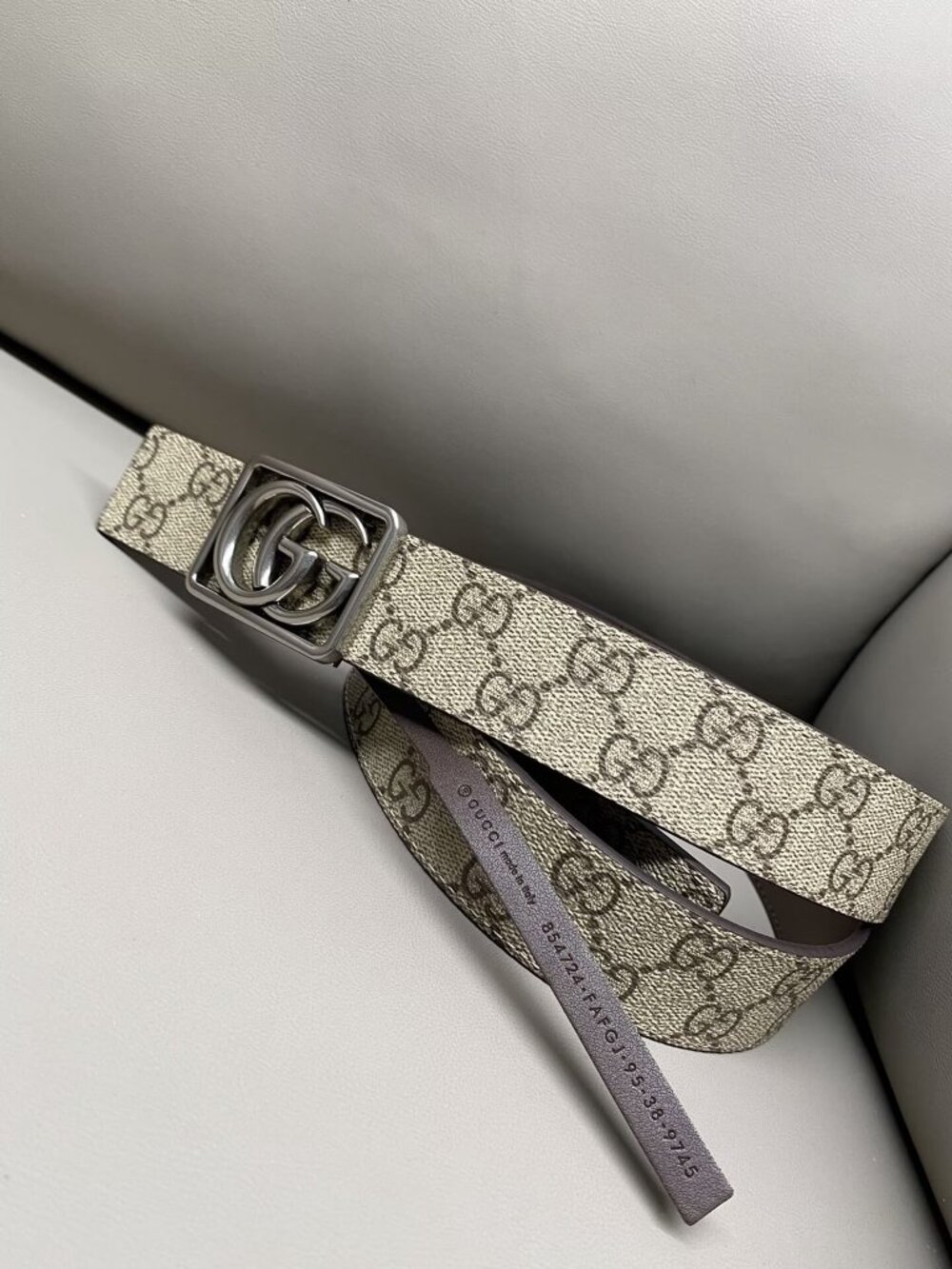 Gucci GG Supreme Canvas Belt Beige Ebony Silver Square GG Buckle